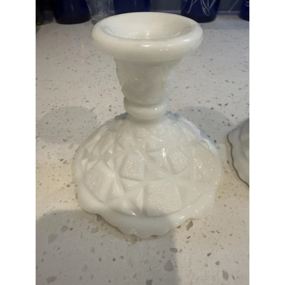 Westmoreland Milk Glass Old Quilt Pair Of  Candle Stick Holders Mid Century